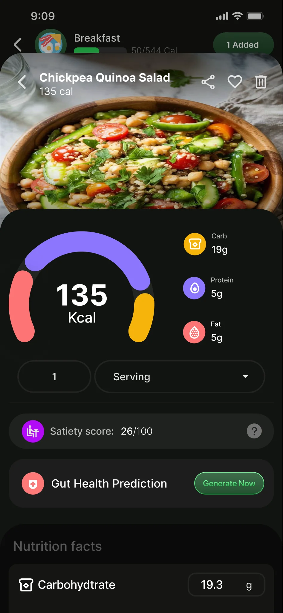 A logged chickpea quinoa salad with calories and a protein, carbs and fat breakdown.